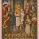 Ten of Cups tarot card depicting a young man surrounded by family before a classical temple, with ten golden cups arranged below