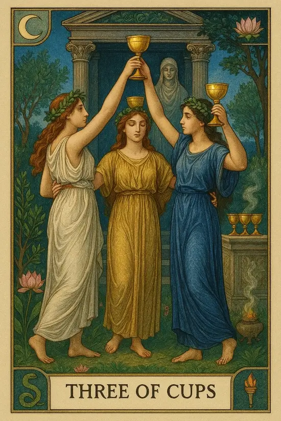 Three of Cups tarot card depicting three women in classical robes raising golden chalices in celebration