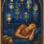 Seven of Cups tarot card showing a sleeping figure surrounded by seven golden cups containing visions: a star, serpent, crown, figure, mirror, waves, and flame