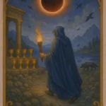 Eight of Cups tarot card showing a cloaked figure holding a torch, walking away from eight golden cups toward a solar eclipse over a mountain landscape