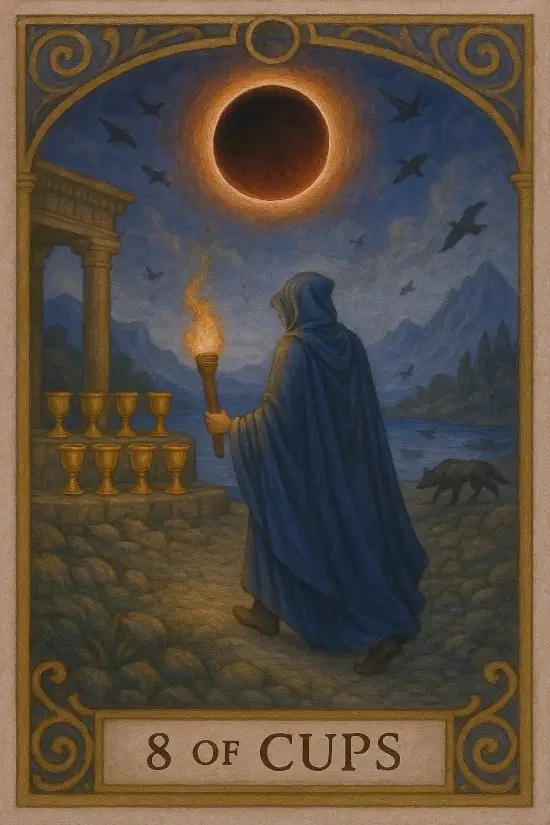 Eight of Cups tarot card showing a cloaked figure holding a torch, walking away from eight golden cups toward a solar eclipse over a mountain landscape