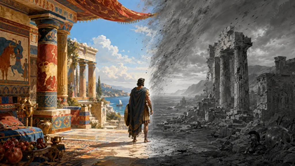 A warrior walks between two worlds: a vibrant ancient palace on the left and crumbling gray ruins on the right, symbolizing civilization's rise and fall
