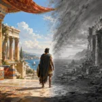 A warrior walks between two worlds: a vibrant ancient palace on the left and crumbling gray ruins on the right, symbolizing civilization's rise and fall
