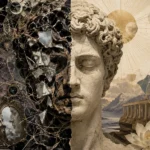 Classical marble bust split between a dark, fragmented collage of tarot and mirrors and a serene golden celestial landscape with a Greek temple and lotus flower